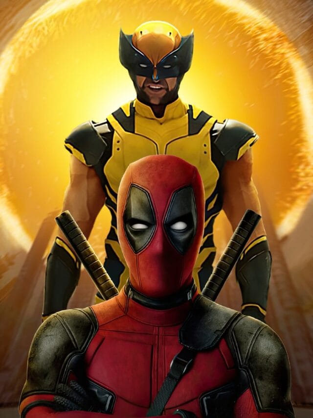 "Deadpool and Wolverine standing side by side, both in their iconic costumes. Deadpool, with his red and black suit and katanas, flashes a mischievous grin, while Wolverine, in his yellow and blue suit with extended claws, looks fierce and ready for action. The background features a dramatic cityscape, hinting at an epic battle ahead."