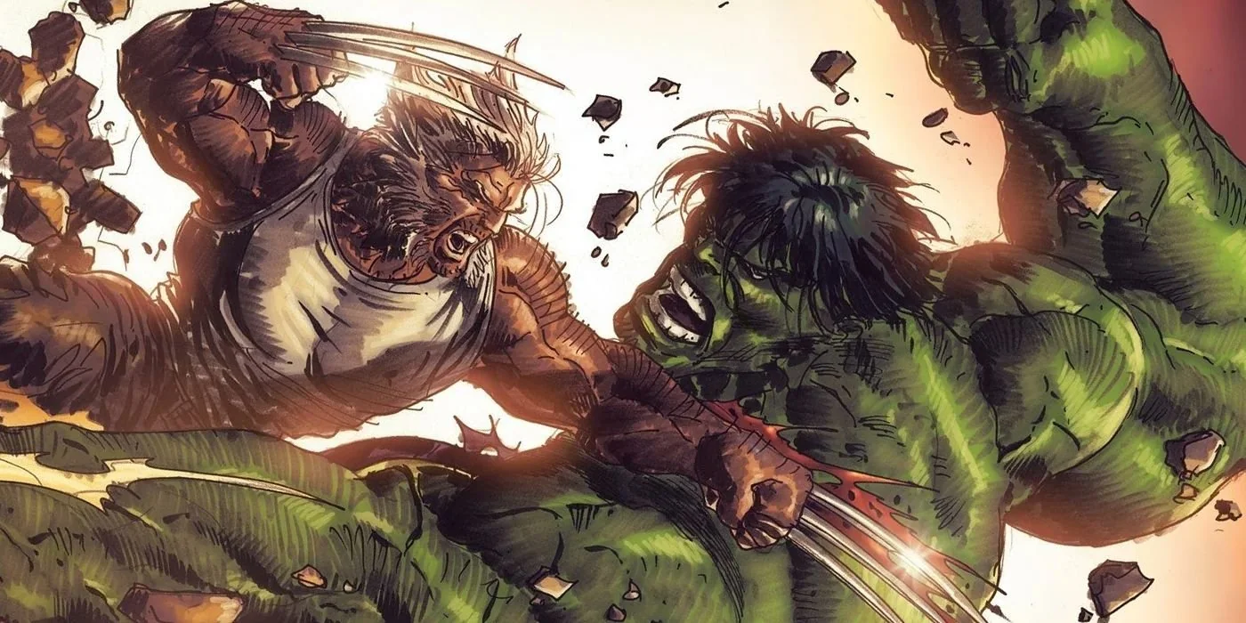 Hulk and Wolverine locked in an intense battle, with Hulk towering in rage and Wolverine charging with his claws extended, set against a rugged, debris-filled background."