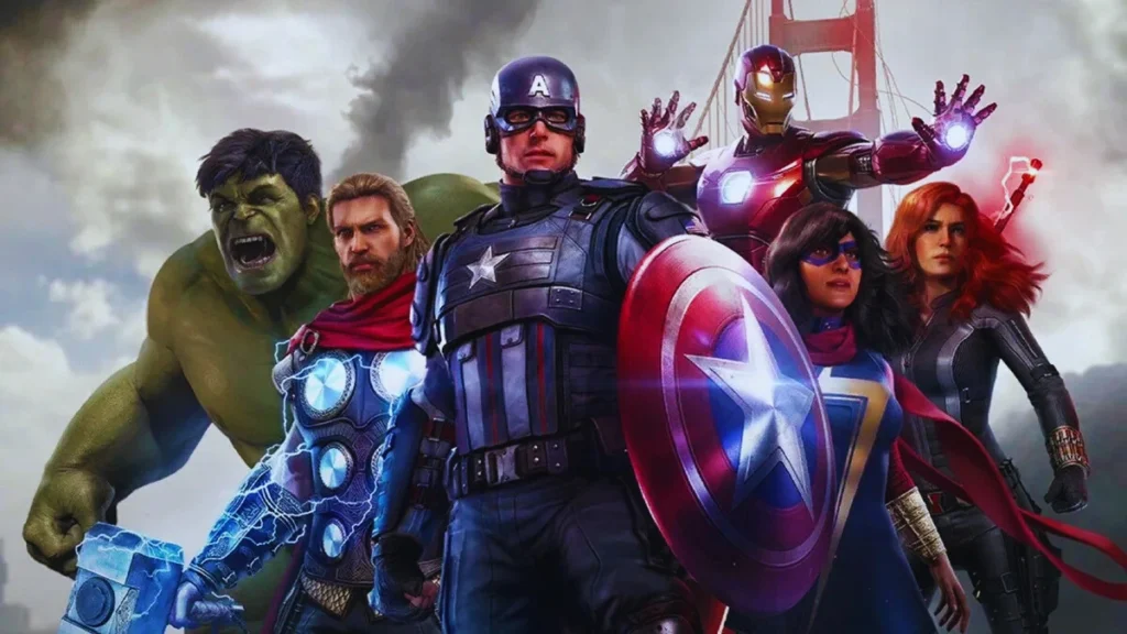 Illustration navigating the Avengers team, featuring iconic characters like Iron Man, Captain America, Black Widow, Thor, and Hulk, working together in a dynamic battle scene, emphasizing the power of teamwork in overcoming challenges and achieving success