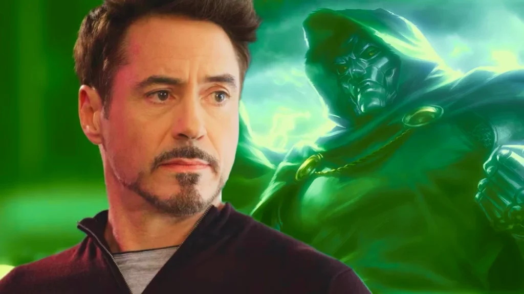 Split image showing Robert Downey Jr. photoshopped in Doctor Doom's green cloak, alongside a classic comic depiction of Doctor Doom