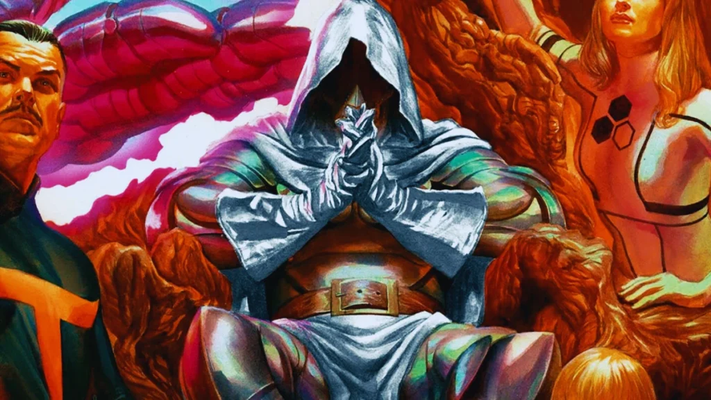 An enthroned God Emperor Doom in white robes, hands clasped, radiating immense power in a painterly comic art style from Secret Wars.