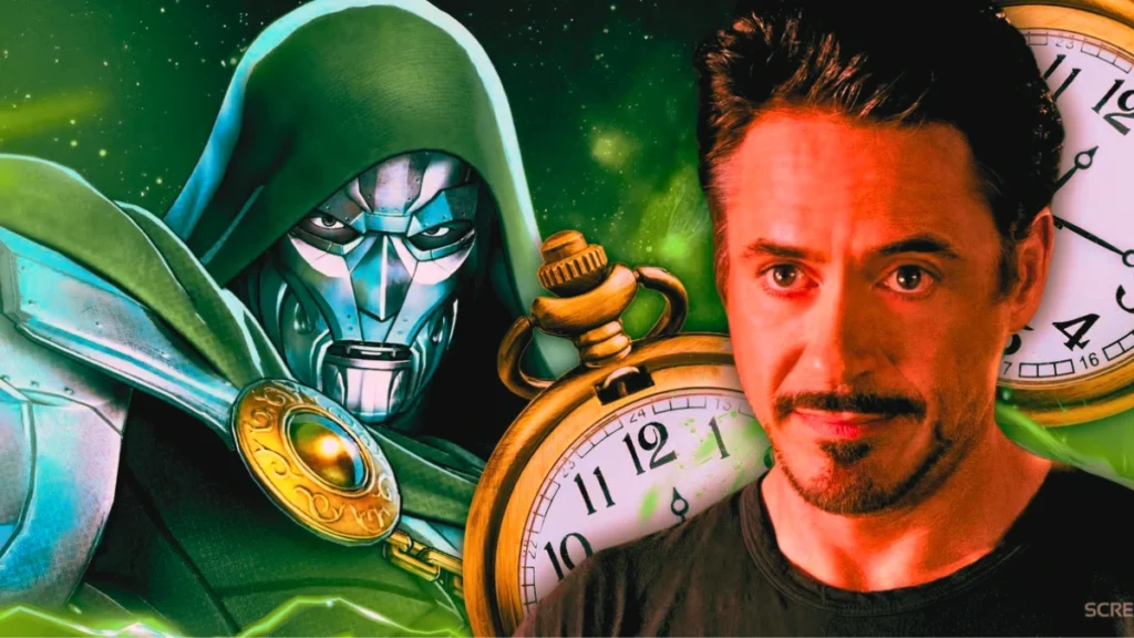 Alt Text: Composite image featuring comic Doctor Doom and Robert Downey Jr. as Tony Stark, with swirling clocks signifying a temporal theme.