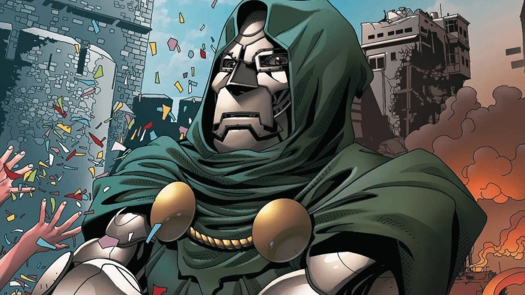 Comic book illustration of Doctor Doom in his iconic green cloak and metal mask, standing amidst falling confetti during a parade or celebration.