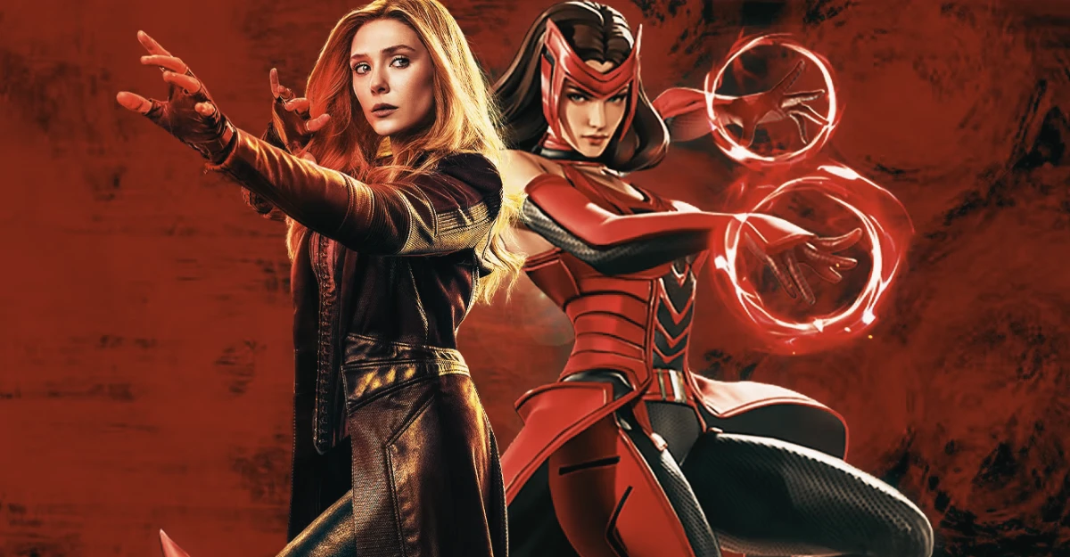 Elizabeth Olsen as Scarlet Witch beside an armored comic version of the character