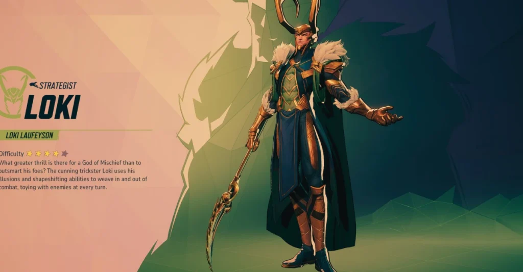 Video game character card for Loki showing his stats and description as a strategist hero